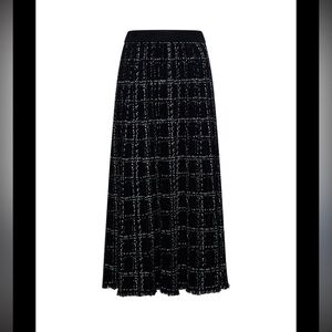 Silvian Heach Pleated Midi Skirt Black White Textured Fringe Hem XS NWOT